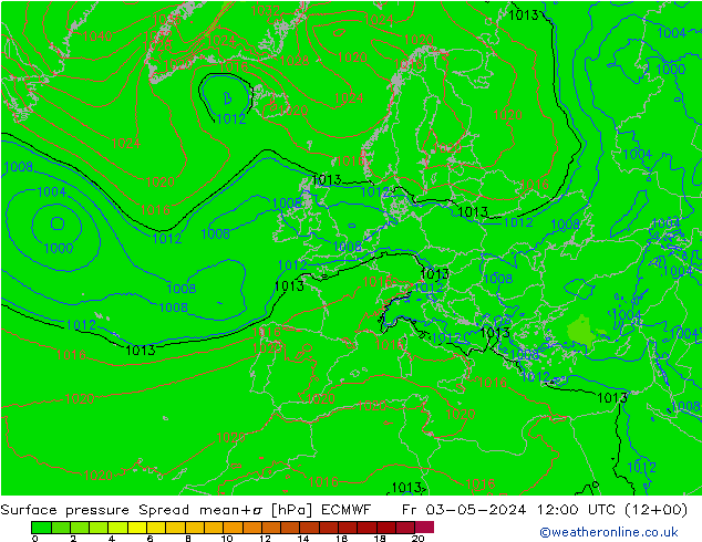 Surface pressure Spread ECMWF Fr 03.05.2024 12 UTC