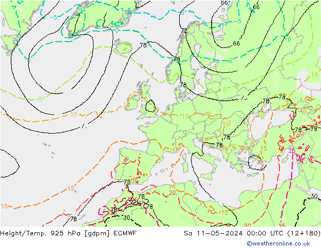 Height/Temp. 925 hPa ECMWF so. 11.05.2024 00 UTC