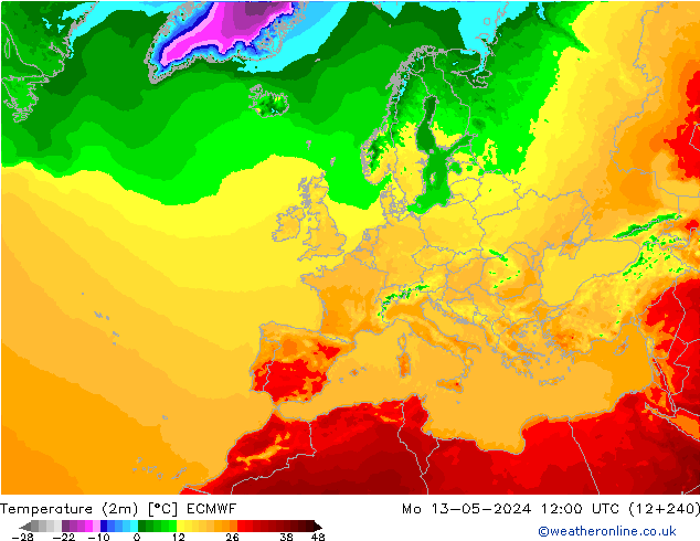 Temperatuurkaart (2m) ECMWF ma 13.05.2024 12 UTC
