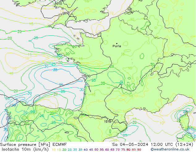 Isotachs (kph) ECMWF  04.05.2024 12 UTC