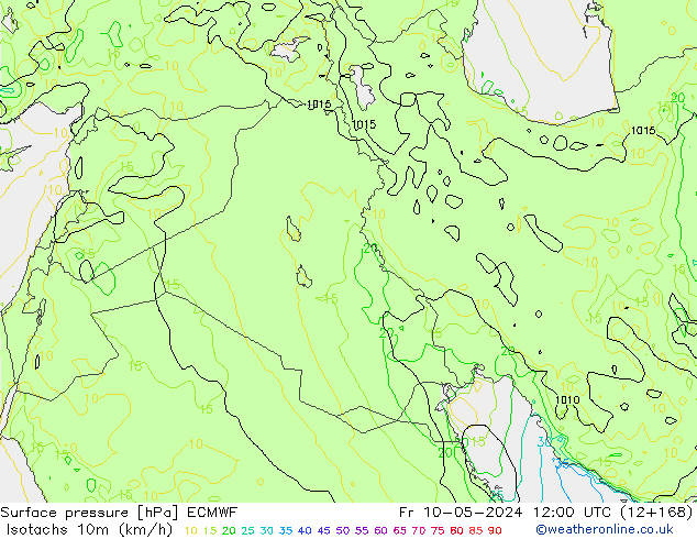 Izotacha (km/godz) ECMWF pt. 10.05.2024 12 UTC