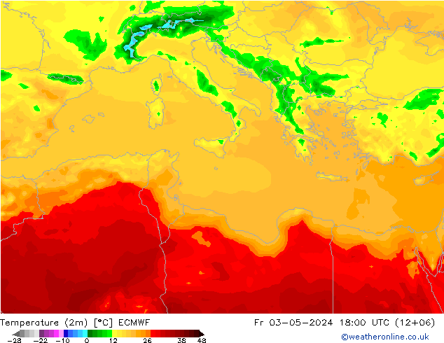 Temperature (2m) ECMWF Pá 03.05.2024 18 UTC