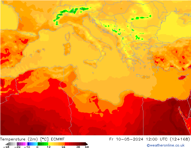 mapa temperatury (2m) ECMWF pt. 10.05.2024 12 UTC