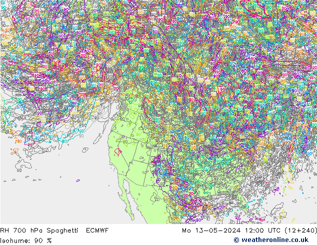 RH 700 hPa Spaghetti ECMWF Mo 13.05.2024 12 UTC