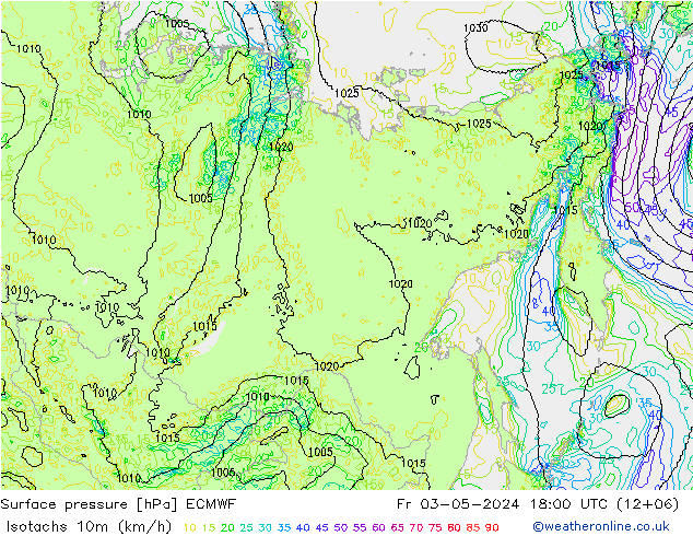 Isotachs (kph) ECMWF Pá 03.05.2024 18 UTC