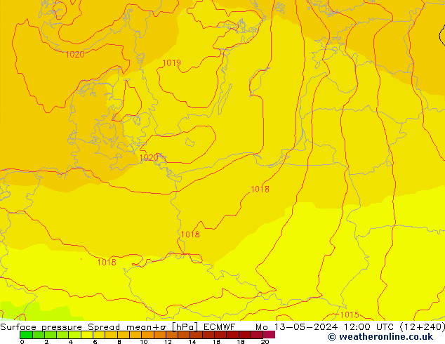 Surface pressure Spread ECMWF Mo 13.05.2024 12 UTC