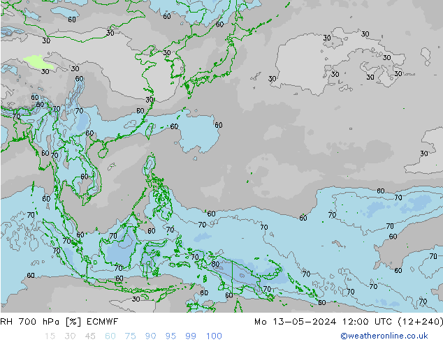 RH 700 hPa ECMWF pon. 13.05.2024 12 UTC