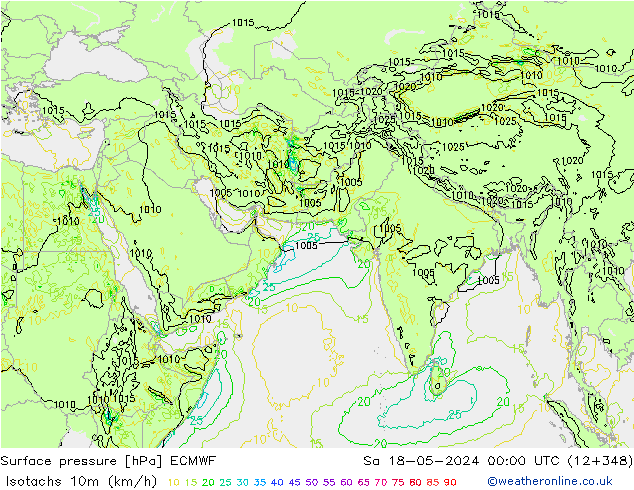 Isotachen (km/h) ECMWF za 18.05.2024 00 UTC