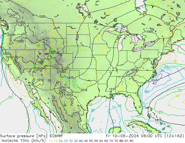 Isotachs (kph) ECMWF пт 10.05.2024 06 UTC