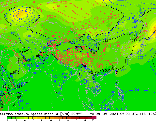 Presión superficial Spread ECMWF mié 08.05.2024 06 UTC