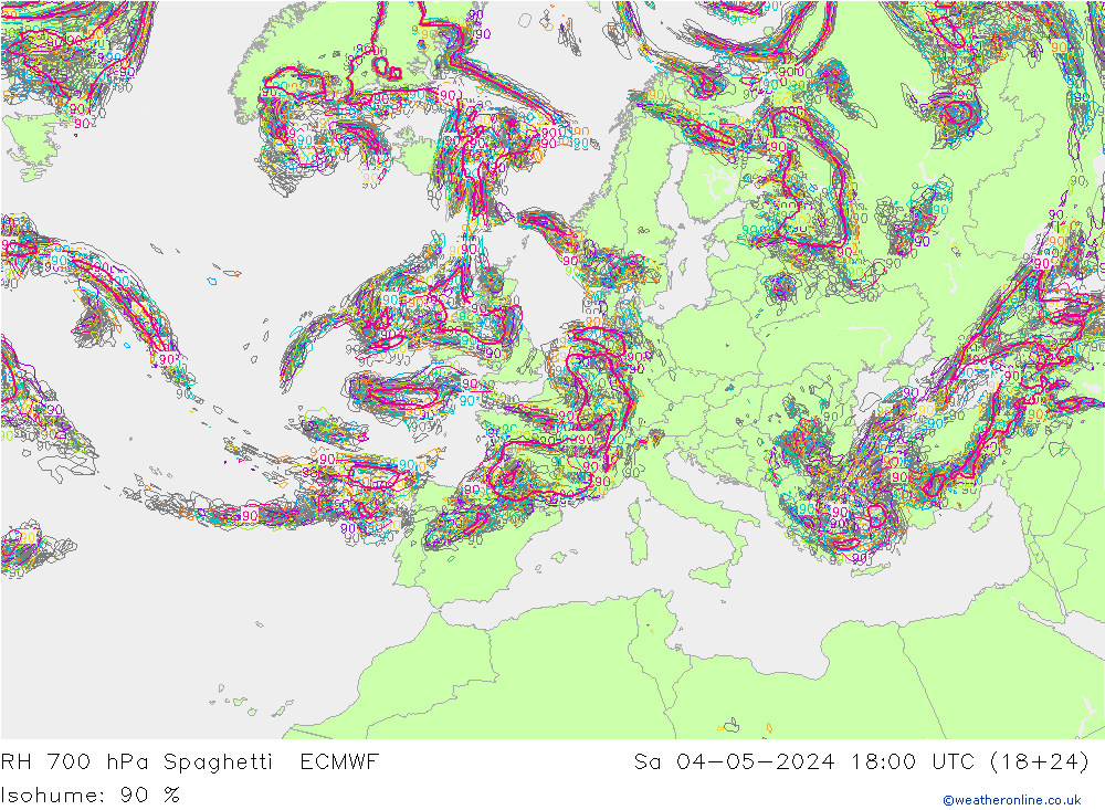 Humidité rel. 700 hPa Spaghetti ECMWF sam 04.05.2024 18 UTC