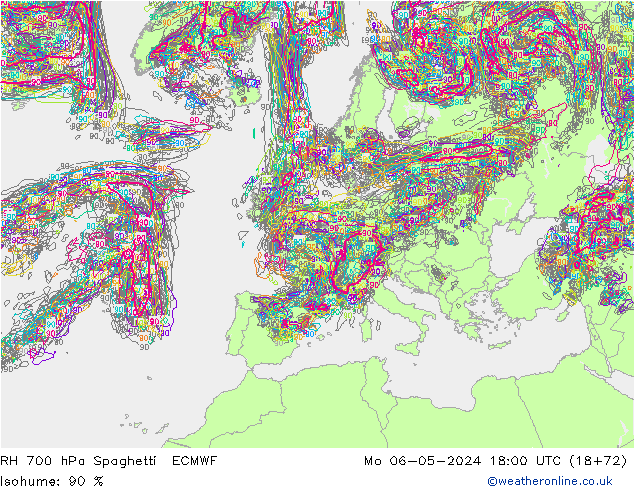 RH 700 hPa Spaghetti ECMWF Mo 06.05.2024 18 UTC