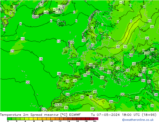 Temperatuurkaart Spread ECMWF di 07.05.2024 18 UTC