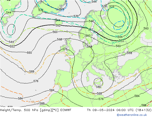 Height/Temp. 500 hPa ECMWF gio 09.05.2024 06 UTC