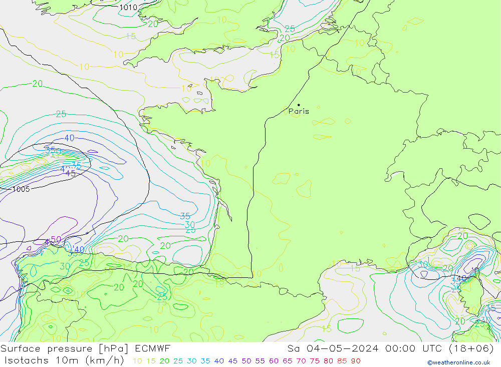 Isotachs (kph) ECMWF sam 04.05.2024 00 UTC