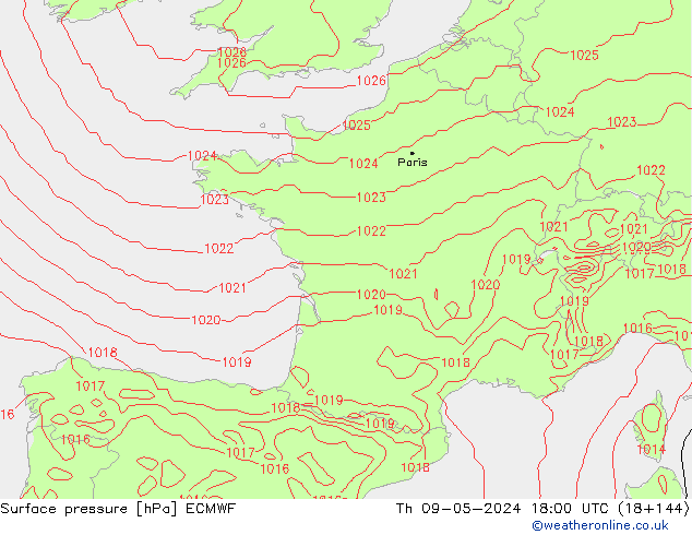 pressão do solo ECMWF Qui 09.05.2024 18 UTC