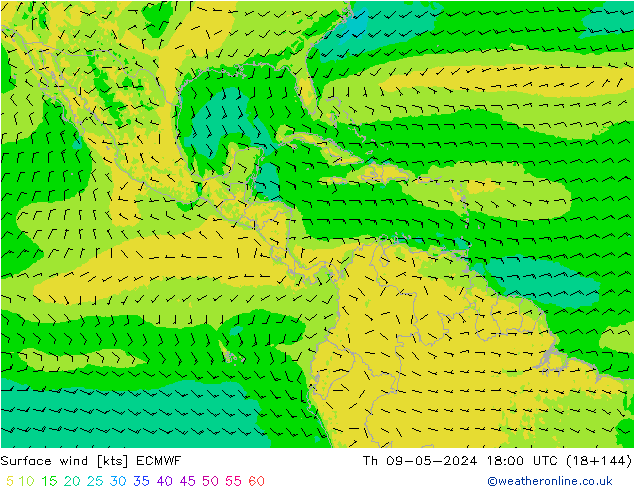 Vento 10 m ECMWF gio 09.05.2024 18 UTC