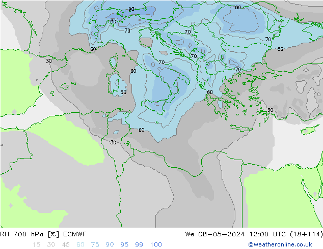 RH 700 hPa ECMWF Qua 08.05.2024 12 UTC