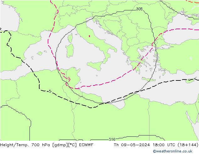 Height/Temp. 700 hPa ECMWF Qui 09.05.2024 18 UTC