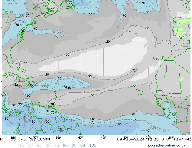 RH 700 hPa ECMWF Th 09.05.2024 18 UTC