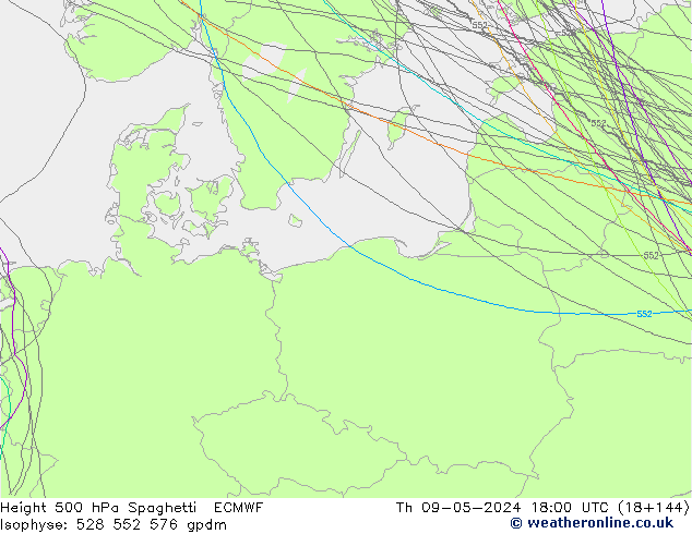 Height 500 hPa Spaghetti ECMWF Čt 09.05.2024 18 UTC