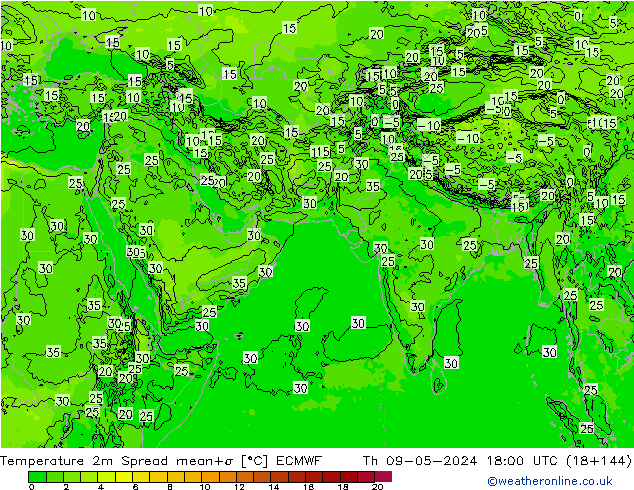 Temperature 2m Spread ECMWF Th 09.05.2024 18 UTC