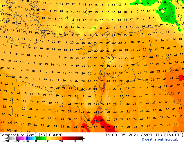 Temperatura (2m) ECMWF Qui 09.05.2024 06 UTC