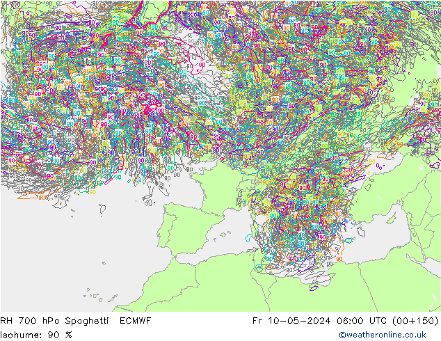 RH 700 hPa Spaghetti ECMWF Pá 10.05.2024 06 UTC