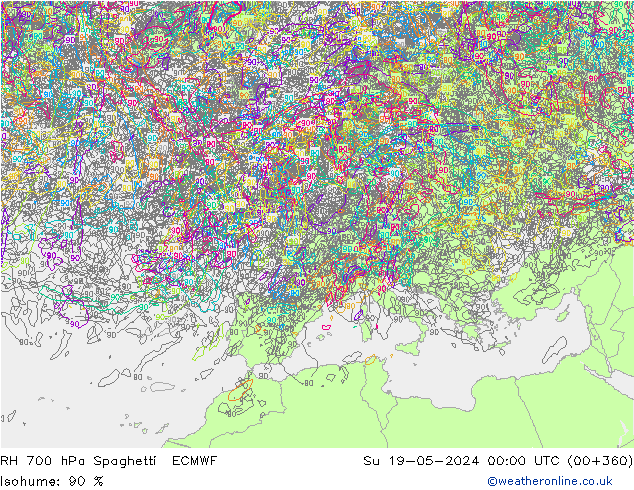 RH 700 hPa Spaghetti ECMWF Su 19.05.2024 00 UTC