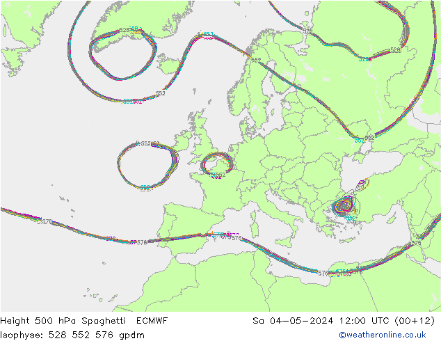 Height 500 гПа Spaghetti ECMWF сб 04.05.2024 12 UTC