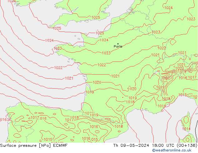 pressão do solo ECMWF Qui 09.05.2024 18 UTC