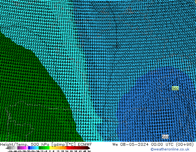 Height/Temp. 500 hPa ECMWF Mi 08.05.2024 00 UTC