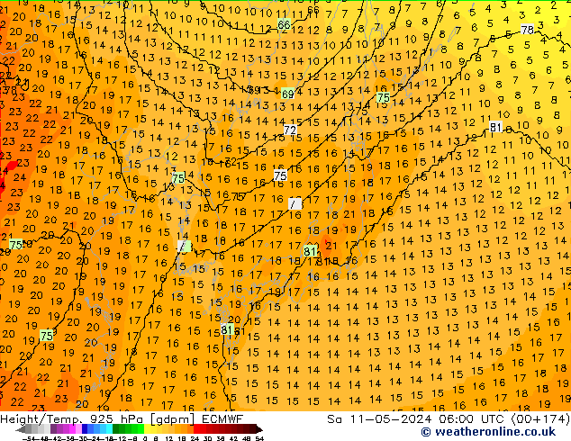 Height/Temp. 925 hPa ECMWF sab 11.05.2024 06 UTC