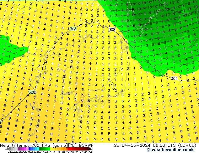 Hoogte/Temp. 700 hPa ECMWF za 04.05.2024 06 UTC