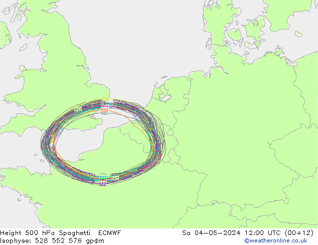Height 500 hPa Spaghetti ECMWF so. 04.05.2024 12 UTC