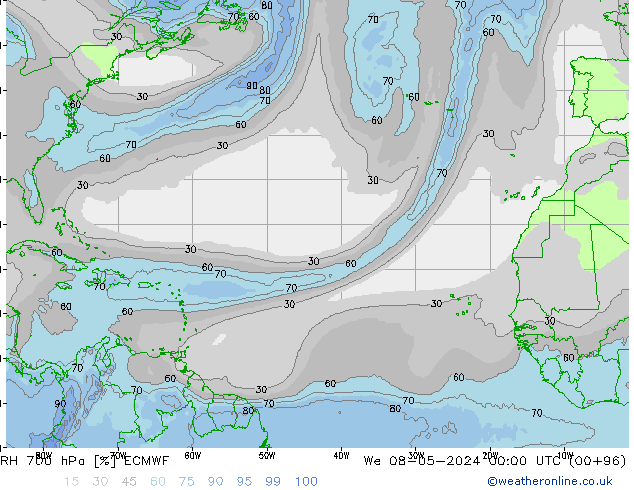 RH 700 hPa ECMWF mer 08.05.2024 00 UTC