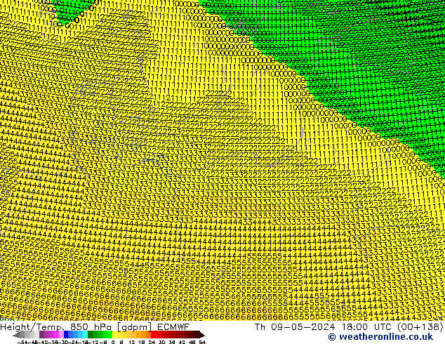 Geop./Temp. 850 hPa ECMWF jue 09.05.2024 18 UTC