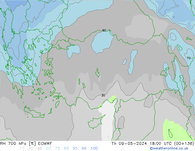 Humidité rel. 700 hPa ECMWF jeu 09.05.2024 18 UTC