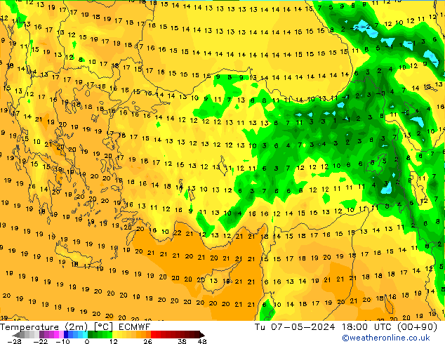 Sıcaklık Haritası (2m) ECMWF Sa 07.05.2024 18 UTC