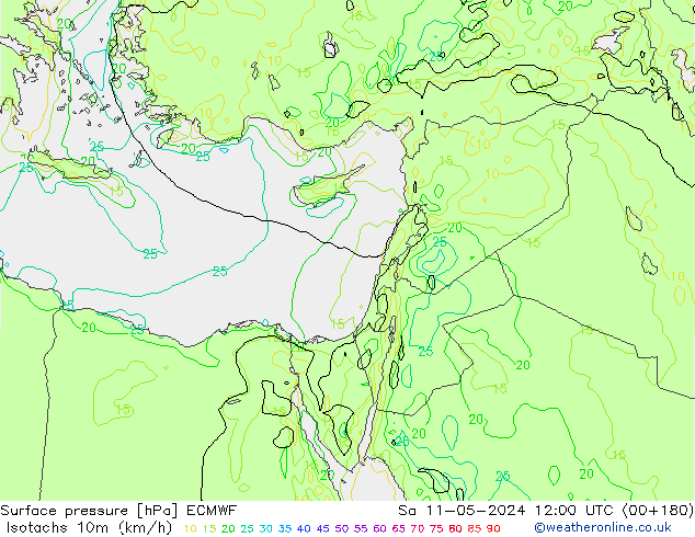 Isotachen (km/h) ECMWF za 11.05.2024 12 UTC