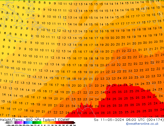 Géop./Temp. 850 hPa ECMWF sam 11.05.2024 06 UTC