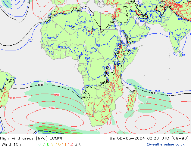 High wind areas ECMWF mer 08.05.2024 00 UTC