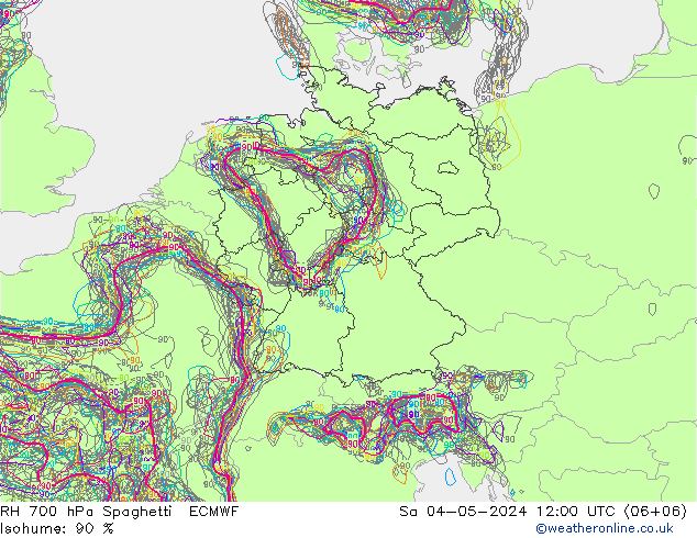 RH 700 hPa Spaghetti ECMWF 星期六 04.05.2024 12 UTC