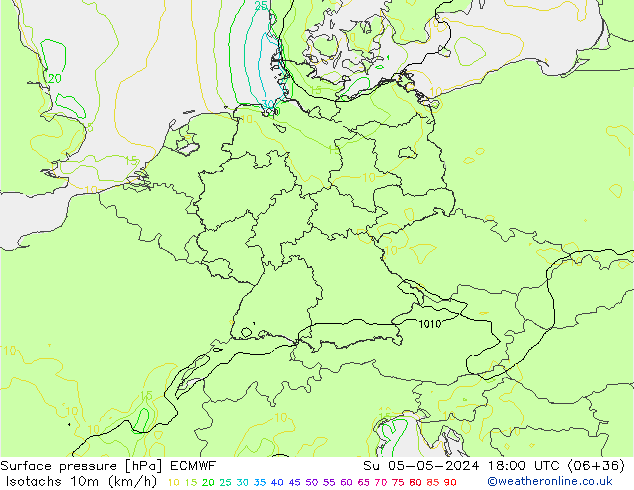 Isotachen (km/h) ECMWF So 05.05.2024 18 UTC