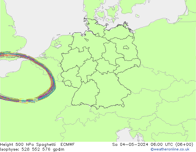 Height 500 hPa Spaghetti ECMWF 星期六 04.05.2024 06 UTC