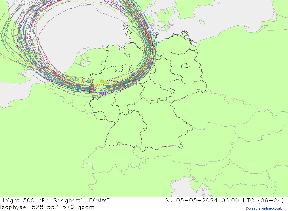 Height 500 hPa Spaghetti ECMWF Dom 05.05.2024 06 UTC