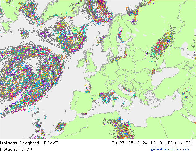 Isotachen Spaghetti ECMWF Di 07.05.2024 12 UTC