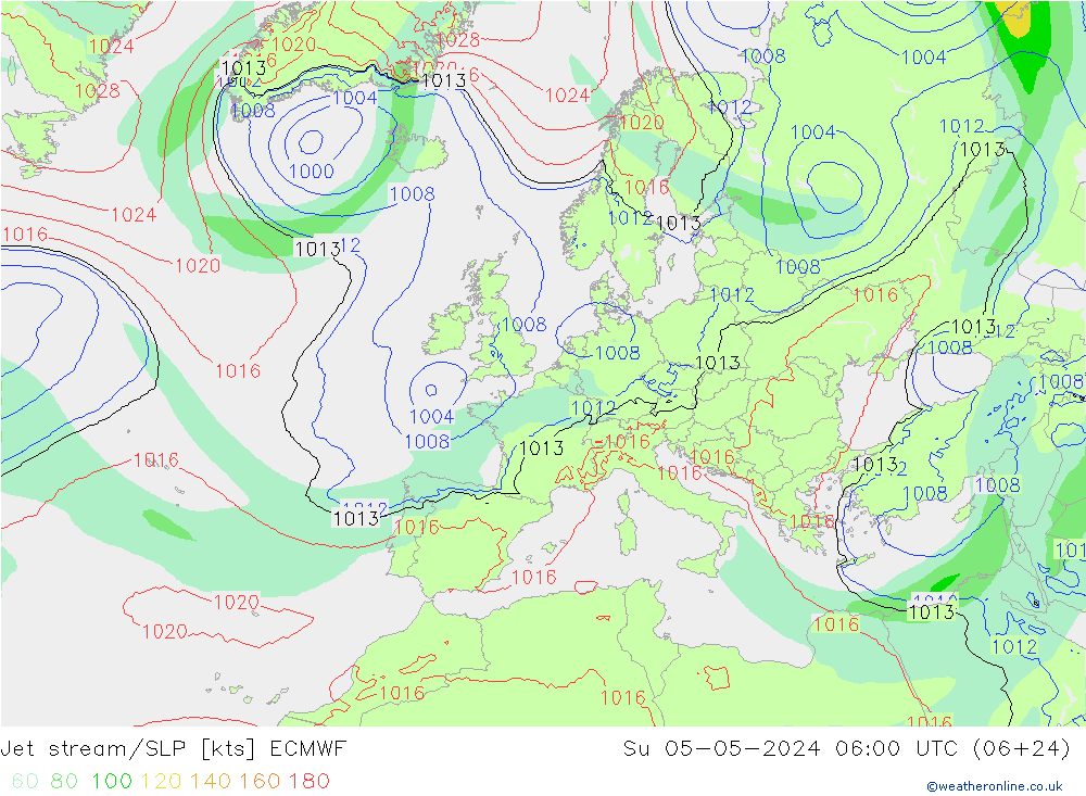 Straalstroom/SLP ECMWF zo 05.05.2024 06 UTC