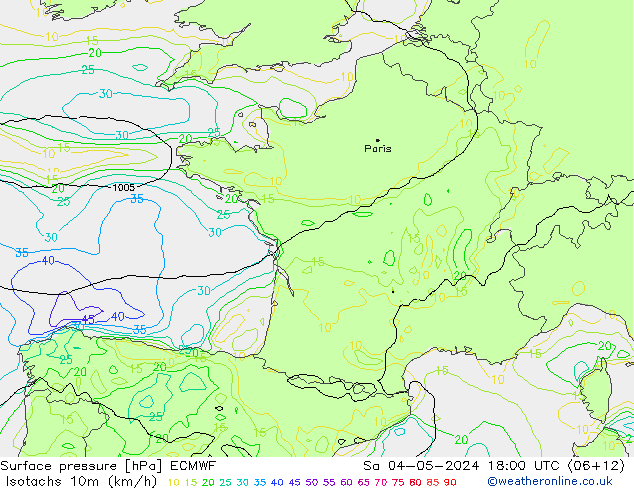 Izotacha (km/godz) ECMWF so. 04.05.2024 18 UTC