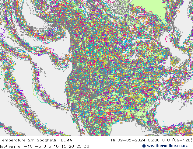 Temperatura 2m Spaghetti ECMWF jue 09.05.2024 06 UTC
